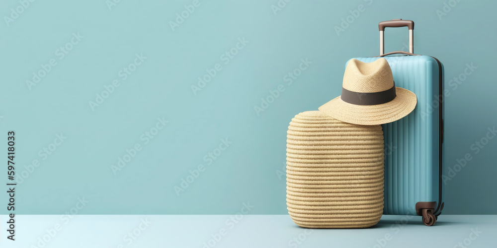 Blue travel suitcase with straw hat, on light blue background. Trip concept. Generative AI