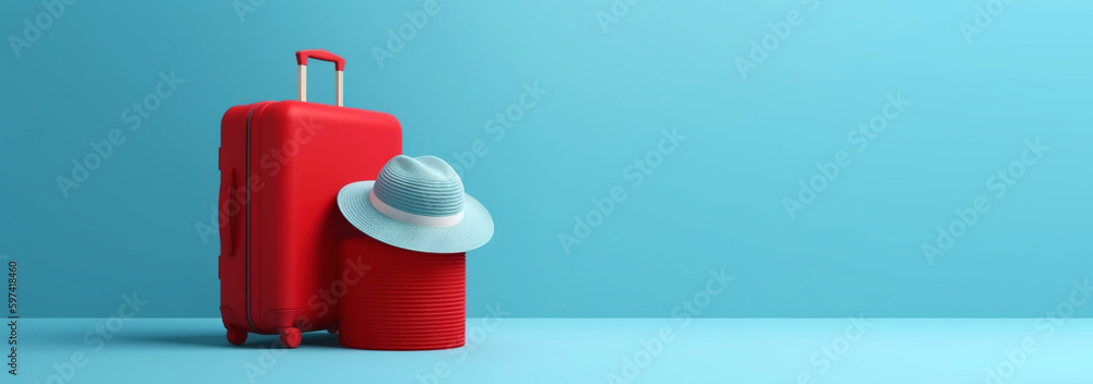 Red travel suitcase with straw hat, on blue background. Trip concept. Generative AI