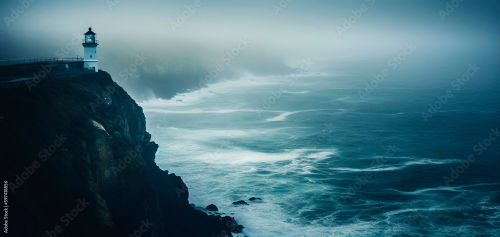 Lighthouse on a cliff edge in stormy and misty weather. Generative AI