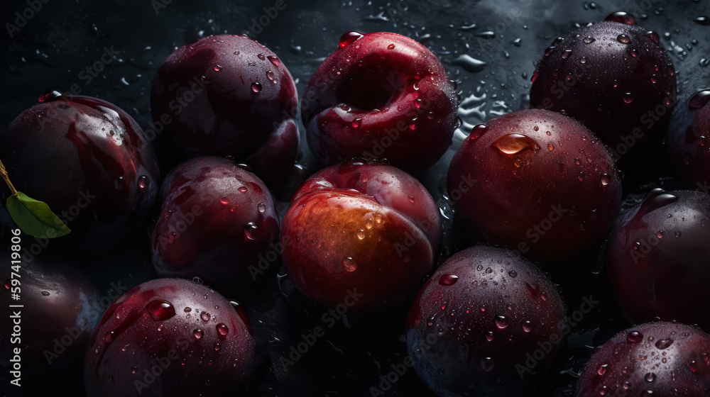 Fresh ripe plums with water drops background. Fruits backdrop. Generative AI