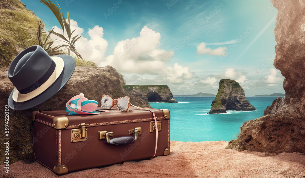 Suitcase with accessories on the sand with a sea background. Travel concept. Generative AI