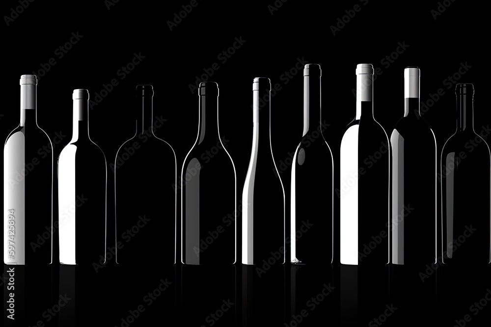 monochromatic image featuring a line of wine bottles. Generative AI