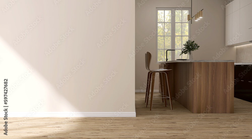 Blank beige brown wall in modern, luxury kitchen island, black counter, white cabinet, high chairs i