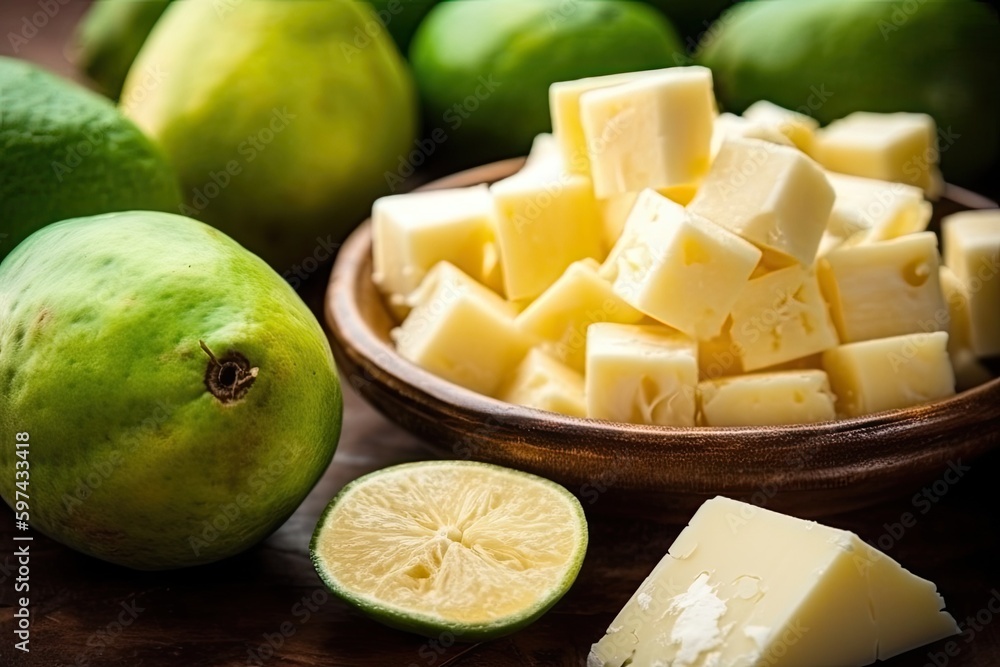 wooden bowl filled with an assortment of cheeses accompanied by fresh limes. Generative AI