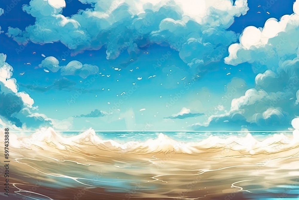 serene seascape with a clear blue sky and fluffy white clouds. Generative AI