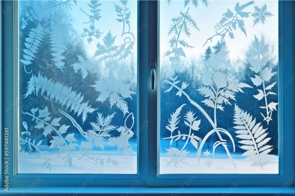 frosted window with a blue frame, creating a serene and calming atmosphere. Generative AI