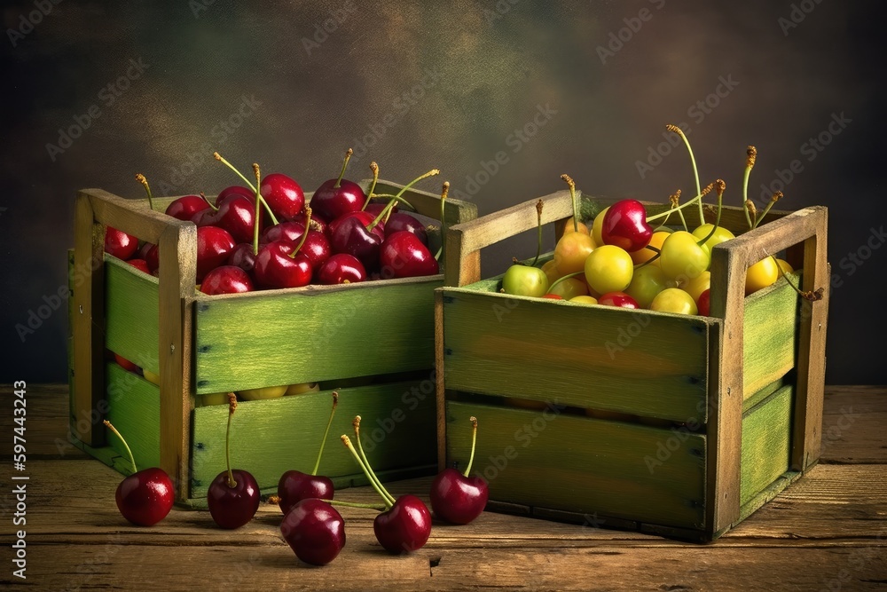 wooden crates filled with a colorful assortment of fresh fruits. Generative AI