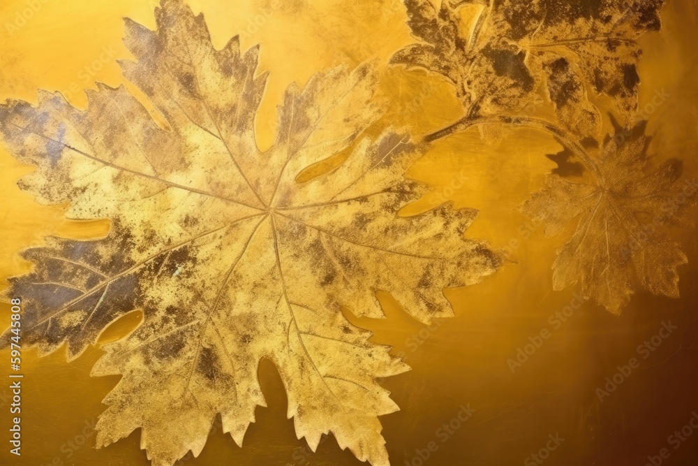 macro shot of a green leaf with intricate details on a bright yellow background. Generative AI