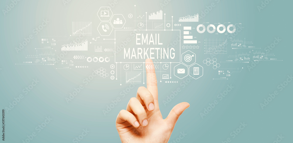 Email marketing with hand pressing a button