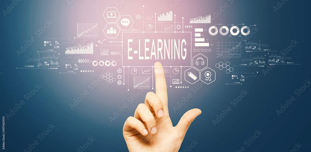 E-Learning theme with hand pressing a button