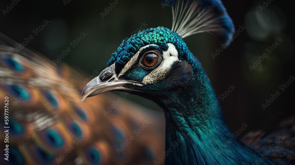 Close up photo of Peafowl bird on forest background. Generative AI