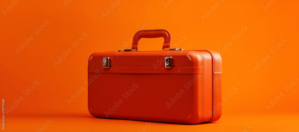 Orange travel suitcase, on orange background. Trip concept. Generative AI