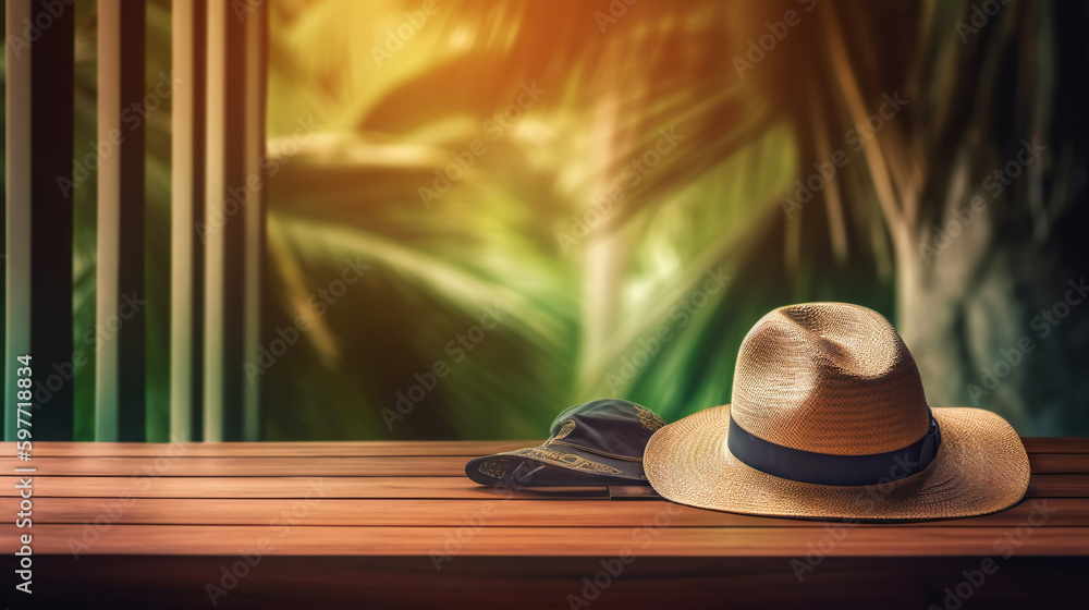 Hat and accessories with a sea background. Travel concept. Generative AI