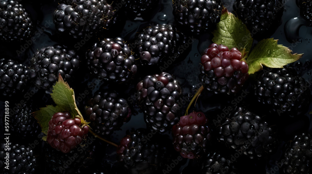 Fresh ripe blackberries with water drops background. Berries backdrop. Generative AI