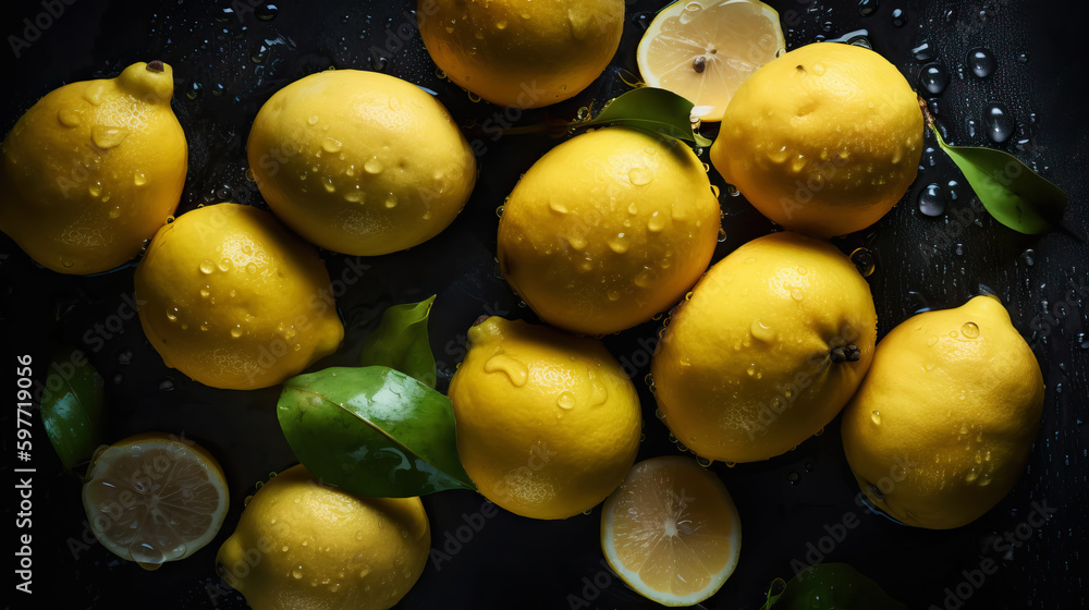 Fresh ripe lemons with water drops background. Fruits backdrop. Generative AI