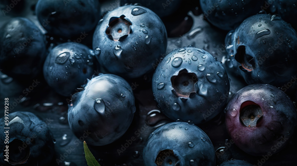 Fresh ripe blueberries with water drops background. Berries backdrop. Generative AI