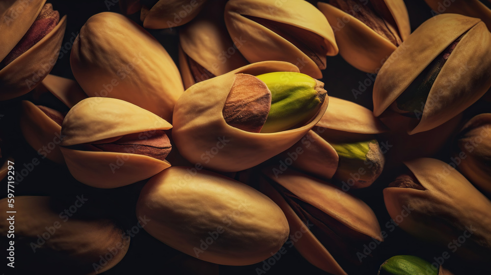 Pistachio background. Nuts. Green fresh inshell pistachios. Generative AI