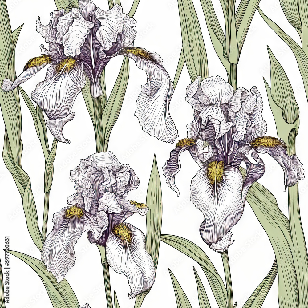 Iris flower seamless pattern. Floral seamless background. Generative AI