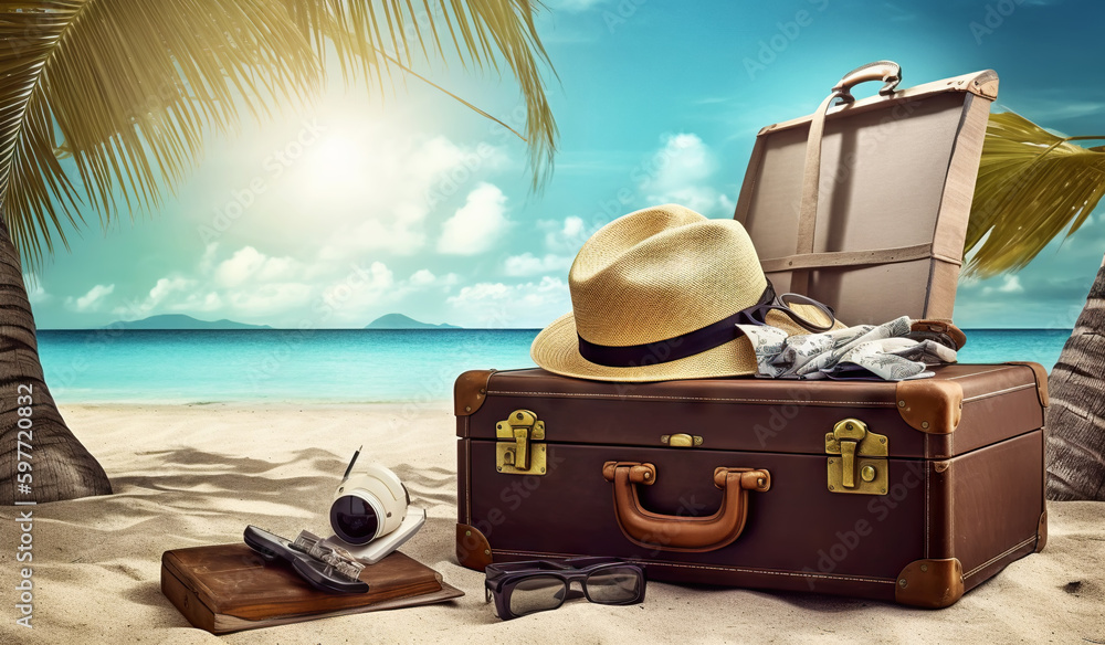 Suitcase with accessories on the sand with a sea background. Travel concept. Generative AI