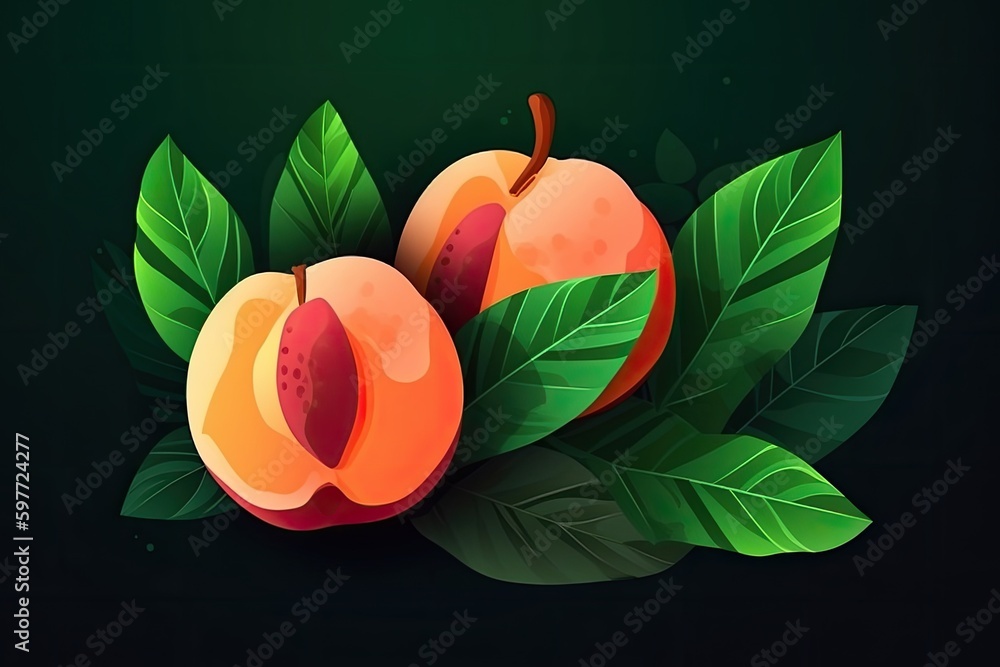 two ripe peaches with leaves on a dark background. Generative AI