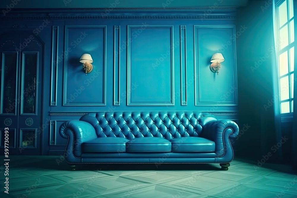 comfortable blue couch placed in a bright room with a large window. Generative AI