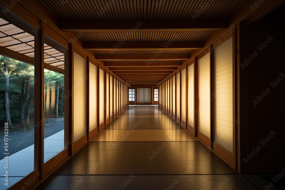 Bright and Airy Hallway with Abundant Natural Light Filtering through Large Windows. Generative AI