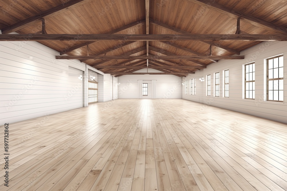 an empty room with natural wooden floors and large windows. Generative AI