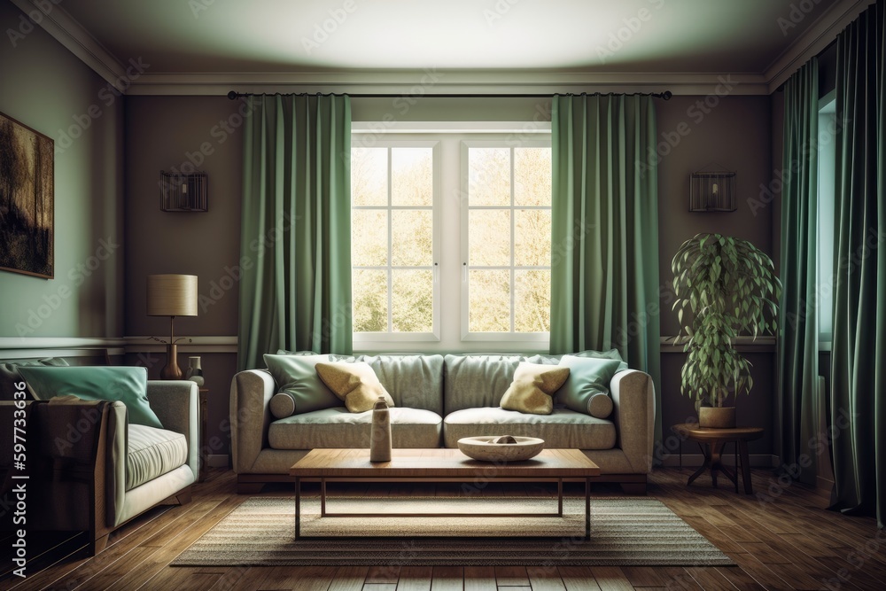 cozy living room with a view of a garden through the window. Generative AI