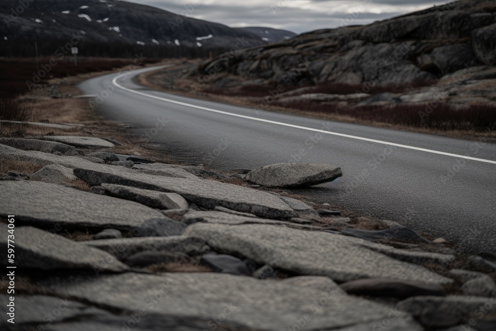 rock laying on the side of a deserted road. Generative AI