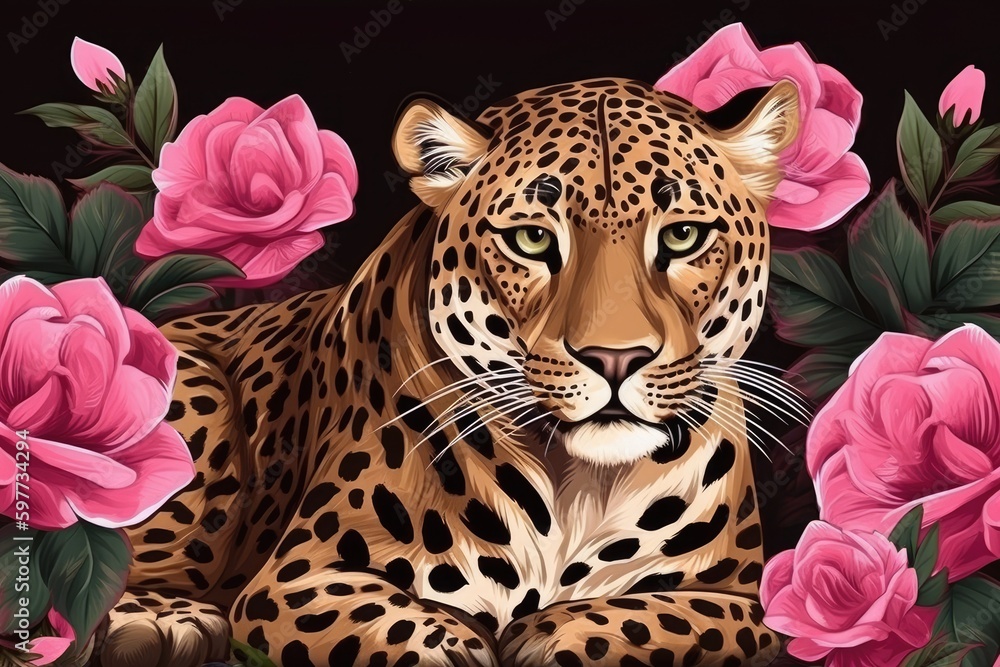 majestic leopard amidst a bed of vibrant pink roses. Generative AI