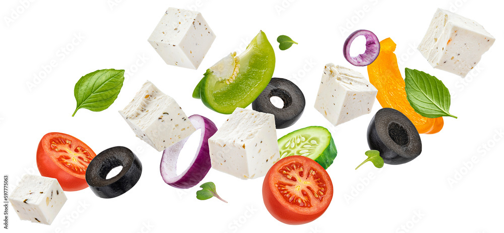 Falling greek salad isolated on white background 