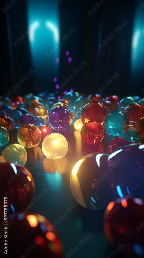 A variety of multicoloured circular glowing and translucent floating spheres . generative ai 