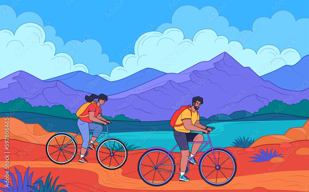 A couple rides bicycles in the mountains