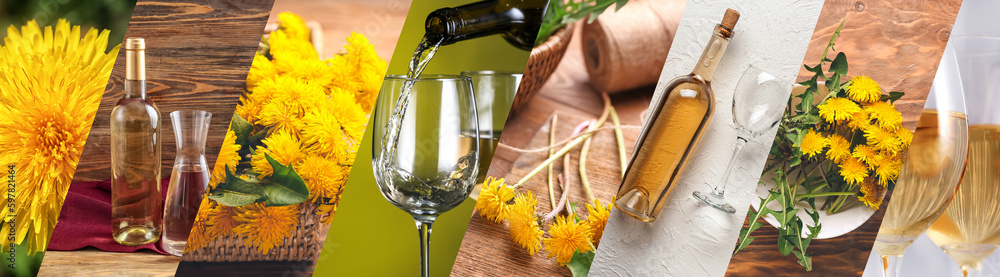 Collage of tasty wine and dandelion flowers