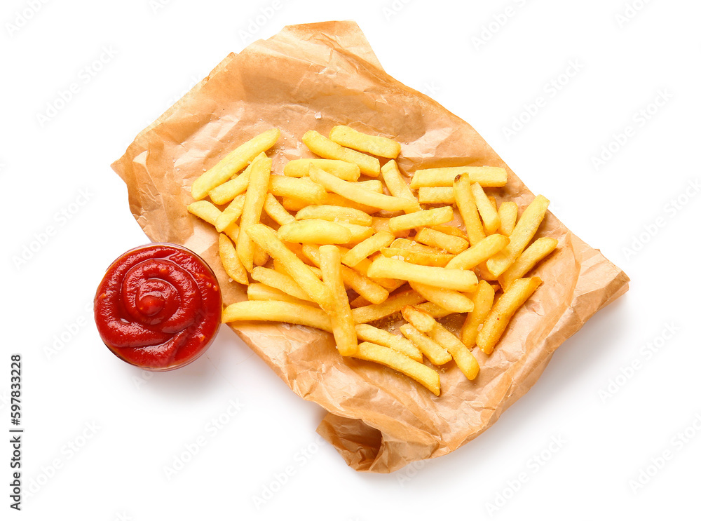 Baking paper with tasty french fries and ketchup on white background