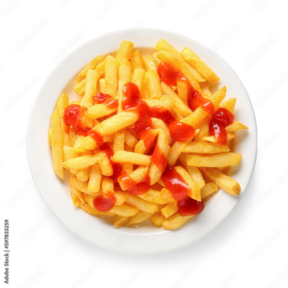 Plate of tasty french fries and ketchup isolated on white background