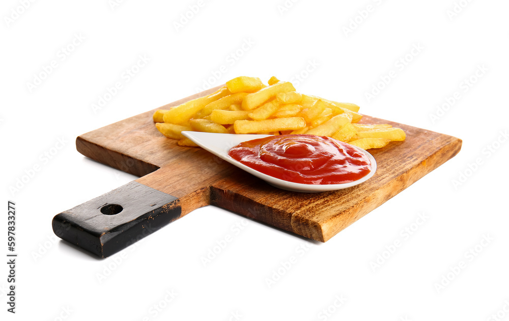 Wooden board of tasty french fries and ketchup on white background