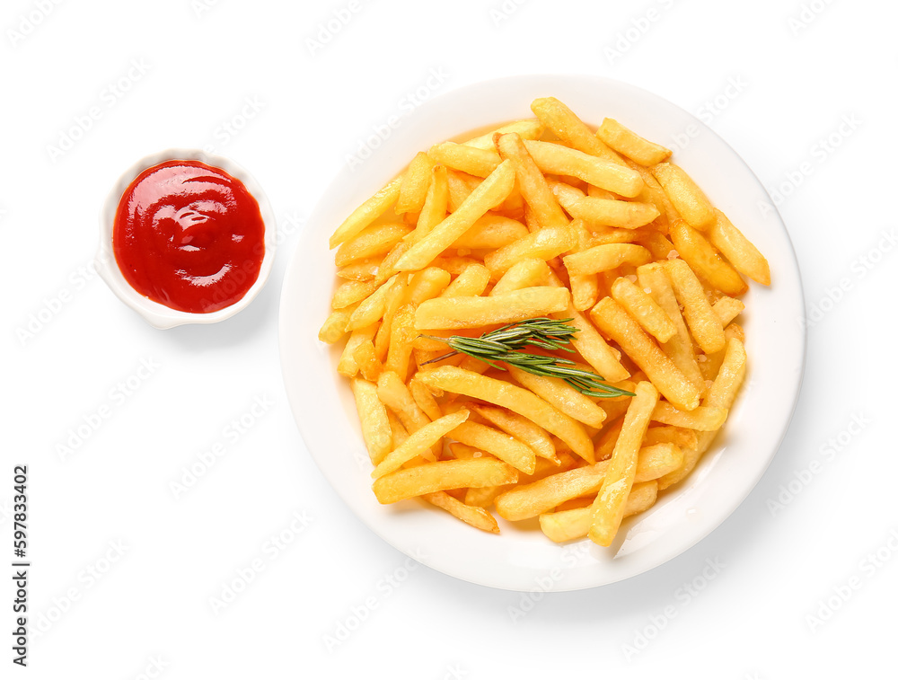 Plate of tasty french fries and ketchup on white background