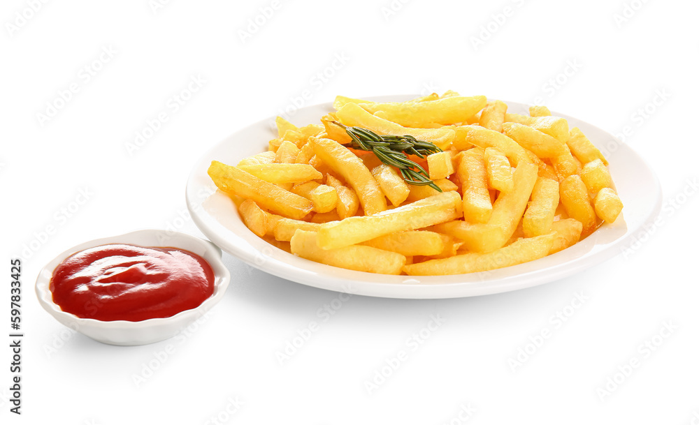 Plate of tasty french fries and ketchup on white background