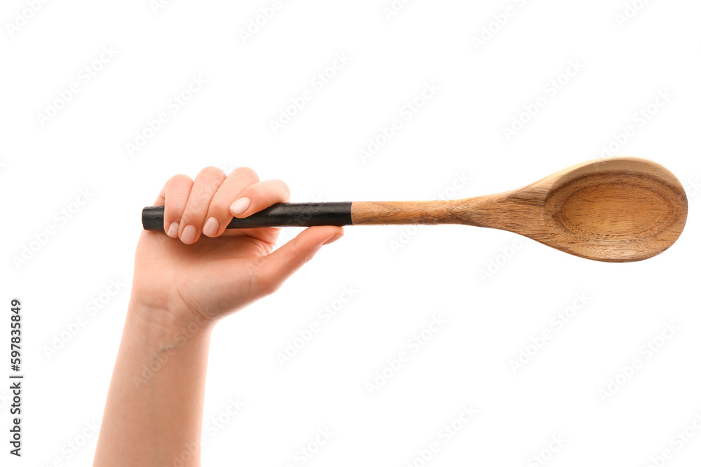 Female hand with wooden spoon isolated on white background