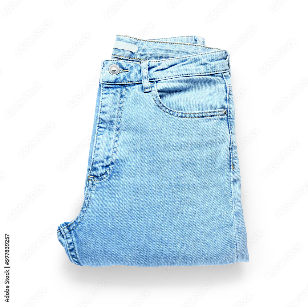 Folded jeans on white background