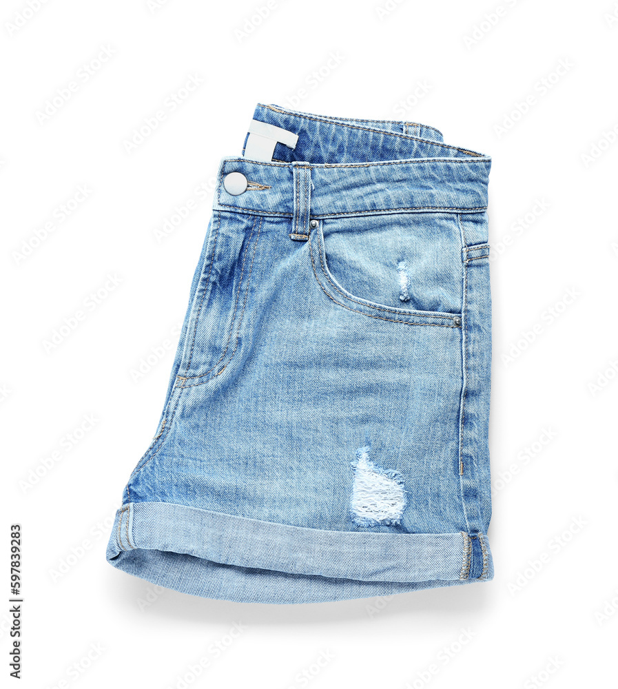 Denim shorts on white background