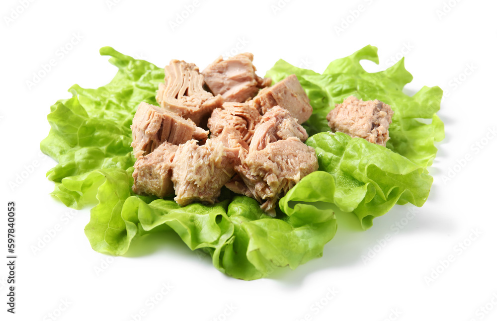 Delicious canned tuna with fresh lettuce isolated on white background