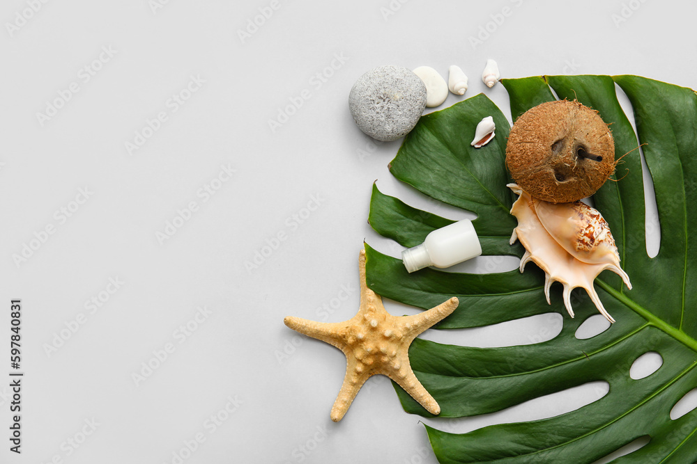 Coconut with straw, seashells, starfish, sunscreen and monstera leaf on grey background