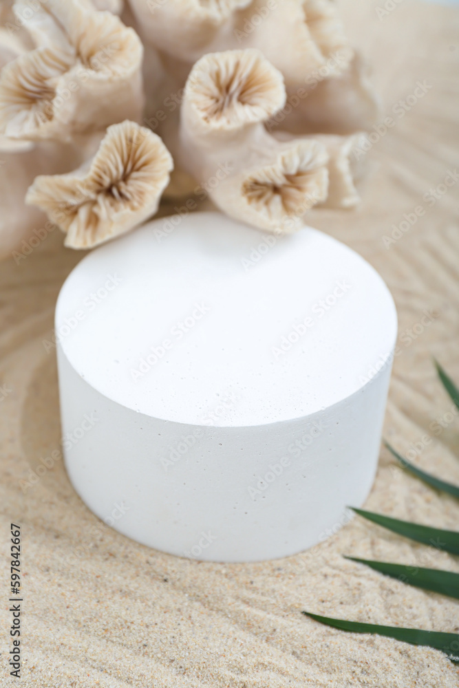 Decorative plaster podium, coral and palm leaves in sand