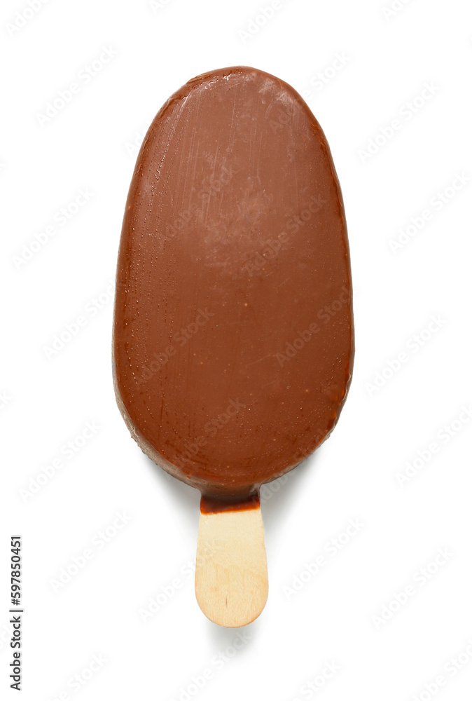 Delicious chocolate covered ice cream on stick against white background