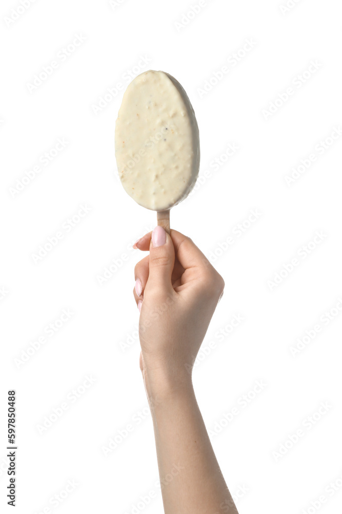 Woman holding delicious chocolate covered ice cream on stick against white background