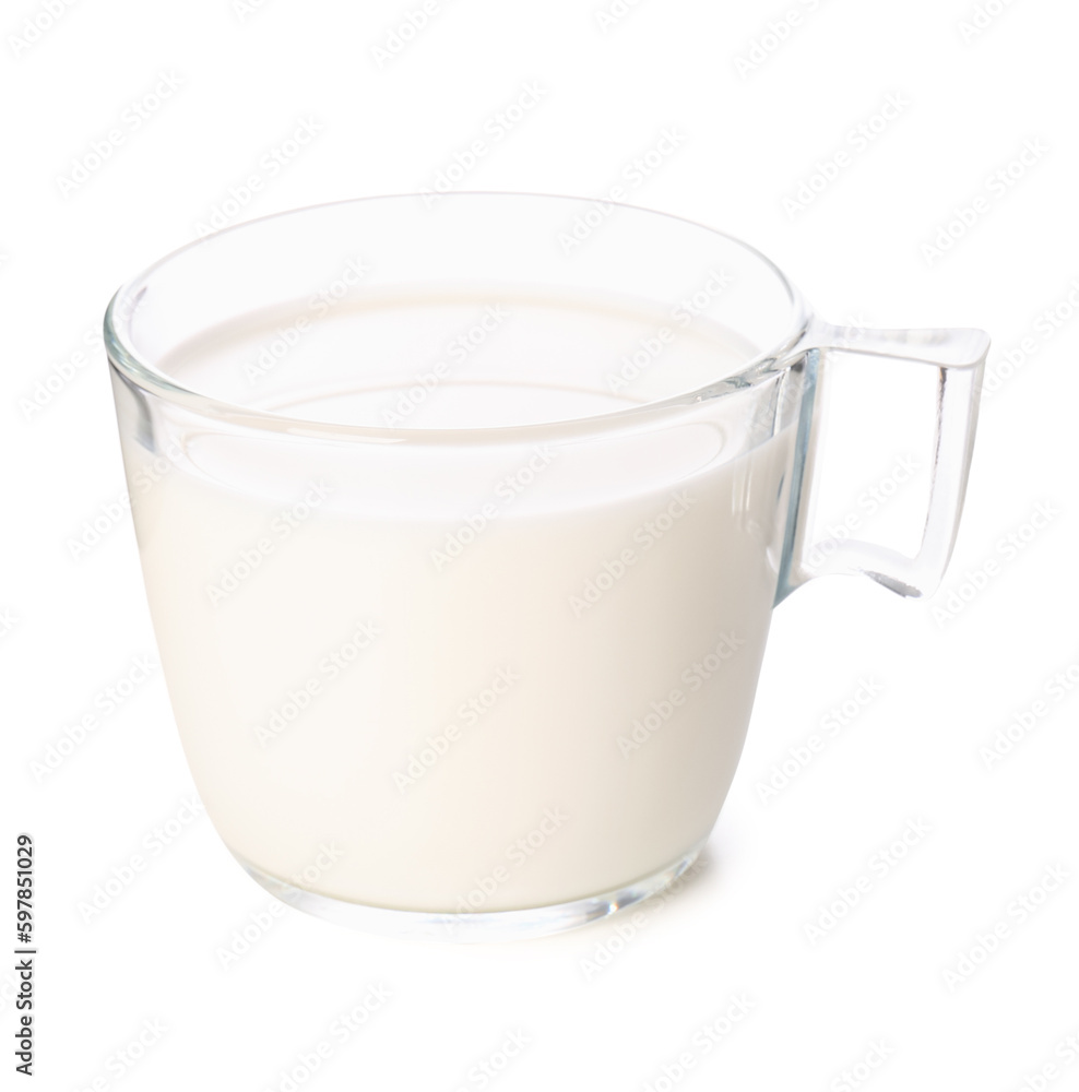 Cup of milk on white background