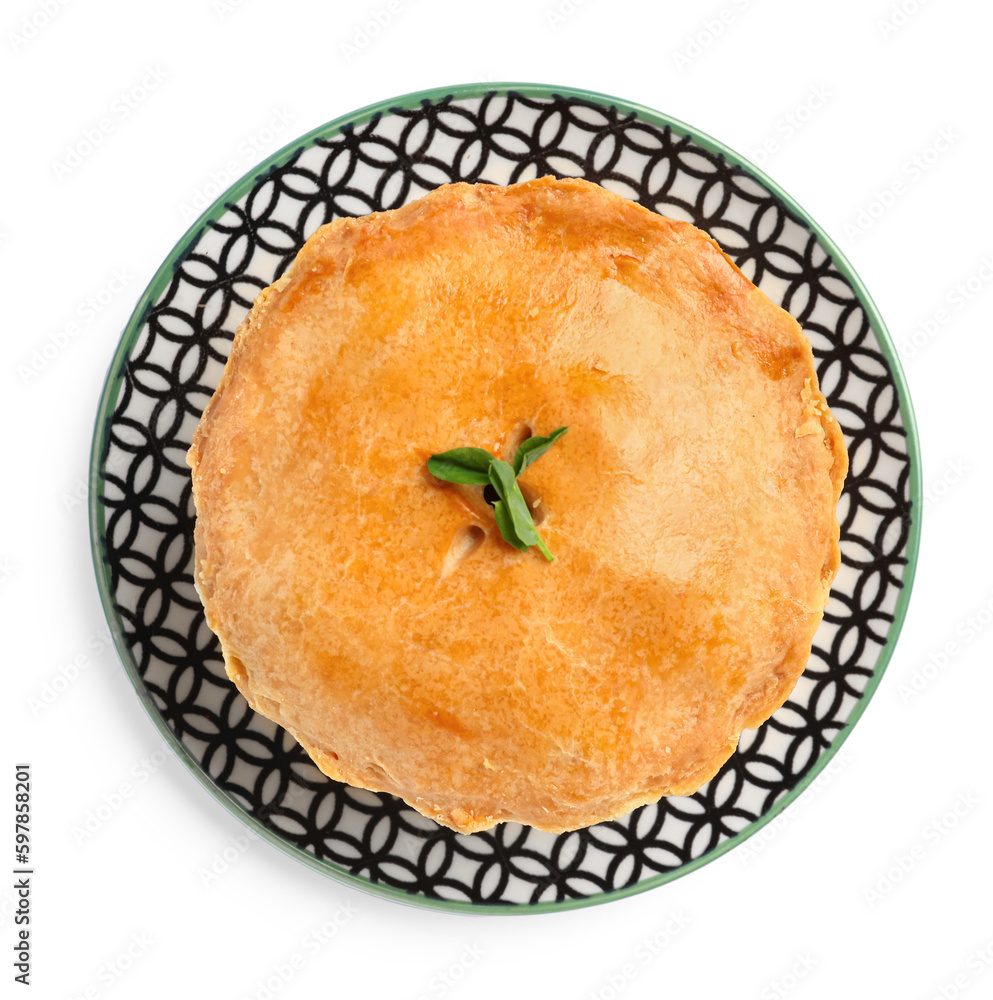 Plate with tasty meat pot pie on white background