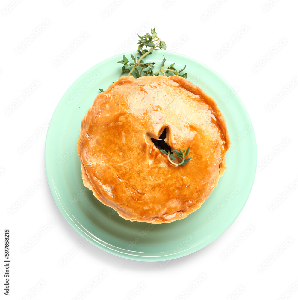 Plate with tasty meat pot pie on white background